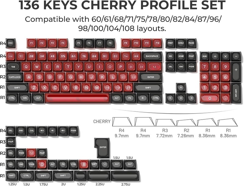 OHY XVX Black and Red Shine Through Keycaps for Mechanical Keyboards - 136 Keys Red Translucent Cat Eye Design,Cherry MAX Profile, PC+PBT Frosted RGB Keycaps - Image 3